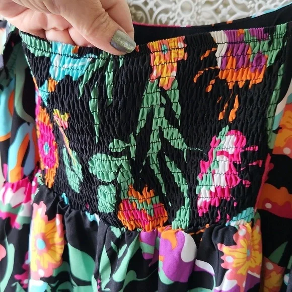 Tropical Floral Pink and Orange Sleeveless Sundress‎ Midi Ruffled sz L - Picture 11 of 13